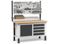 Banco da lavoro regolabile Fami WORK1533 150cm, piano legno, 4 cassetti, armadio e parete forata