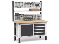Banco da lavoro regolabile Fami WORK1533 150cm, piano legno, 4 cassetti, armadio e parete forata