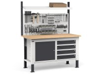 Banco da lavoro regolabile Fami WORK1533 150cm, piano legno, 4 cassetti, armadio e parete forata