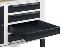Banco da lavoro regolabile Fami WORK1533 150cm, piano legno, 4 cassetti, armadio e parete forata