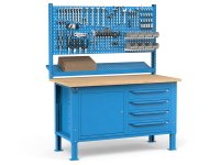 Banco da lavoro regolabile Fami WORK1539 150cm, piano legno, 4 cassetti, armadio e parete forata
