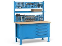 Banco da lavoro regolabile Fami WORK1539 150cm, piano legno, 4 cassetti, armadio e parete forata