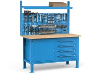 Banco da lavoro regolabile Fami WORK1539 150cm, piano legno, 4 cassetti, armadio e parete forata