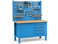 Banco da lavoro regolabile Fami WORK1539 150cm, piano legno, 4 cassetti, armadio e parete forata