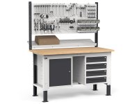 Banco da lavoro regolabile Fami WORK1531 150cm, piano legno, 4 cassetti, armadio e parete forata