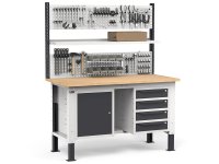 Banco da lavoro regolabile Fami WORK1531 150cm, piano legno, 4 cassetti, armadio e parete forata