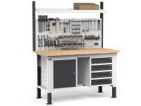 Banco da lavoro regolabile Fami WORK1531 150cm, piano legno, 4 cassetti, armadio e parete forata