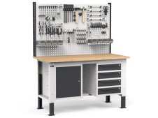 Banco da lavoro regolabile Fami WORK1531 150cm, piano legno, 4 cassetti, armadio e parete forata