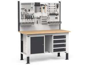 Banco da lavoro regolabile Fami WORK1531 150cm, piano legno, 4 cassetti, armadio e parete forata