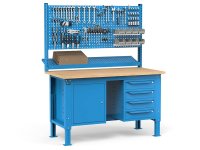 Banco da lavoro regolabile Fami WORK1537 150cm, piano legno, 4 cassetti, armadio e parete forata