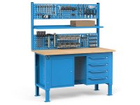 Banco da lavoro regolabile Fami WORK1537 150cm, piano legno, 4 cassetti, armadio e parete forata