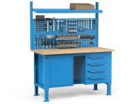 Banco da lavoro regolabile Fami WORK1537 150cm, piano legno, 4 cassetti, armadio e parete forata