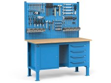 Banco da lavoro regolabile Fami WORK1537 150cm, piano legno, 4 cassetti, armadio e parete forata