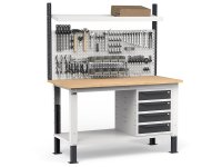 Banco da lavoro regolabile Fami WORK1529 150cm, piano in legno, 4 cassetti e parete forata
