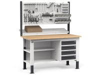 Banco da lavoro regolabile Fami WORK1530 150cm, piano legno, 4 cassetti, semipiano e parete forata