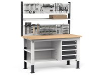 Banco da lavoro regolabile Fami WORK1530 150cm, piano legno, 4 cassetti, semipiano e parete forata