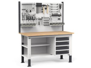 Banco da lavoro regolabile Fami WORK1530 150cm, piano legno, 4 cassetti, semipiano e parete forata