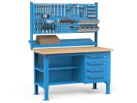Banco da lavoro regolabile Fami WORK1536 150cm, piano legno, 4 cassetti, semipiano e parete forata