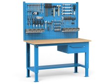 Banco da lavoro regolabile Fami WORK1534 150cm, piano in legno, cassetto e parete forata