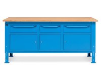 Banco da lavoro regolabile Fami WORK2012 200cm blu piano in legno, 3 armadi e 3 cassetti
