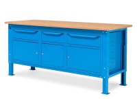 Banco da lavoro regolabile Fami WORK2012 200cm blu piano in legno, 3 armadi e 3 cassetti