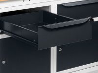 Banco da lavoro regolabile Fami WORK2011 200cm bicolore piano in legno, 3 armadi e 3 cassetti