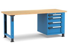 Banco da lavoro regolabile Fami Master 200cm blu con piano in legno e armadio a 4 cassetti
