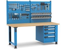 Banco da lavoro regolabile Fami Master 200cm blu con parete attrezzata e 4 cassetti