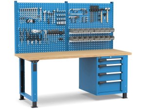 Banco da lavoro regolabile Fami Master 200cm blu con parete attrezzata e 4 cassetti