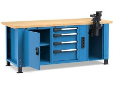 Banco da lavoro regolabile Fami Master 200cm blu con 4 cassetti, armadio, morsa e 4 prese