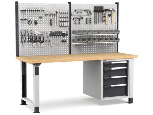Banco da lavoro regolabile Fami Master 200cm grigio con parete attrezzata e 4 cassetti