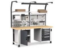 Banco da lavoro regolabile Fami Master 200cm grigio con parete attrezzata, armadio e 5 cassetti