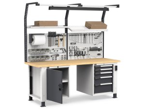 Banco da lavoro regolabile Fami Master 200cm grigio con parete attrezzata, armadio e 5 cassetti