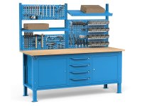 Banco da lavoro regolabile Fami WORK2041 200cm, piano legno, 4 cassetti, 2 armadi e parete forata