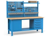 Banco da lavoro regolabile Fami WORK2038 200cm, piano legno, 4 cassetti, armadio e parete forata