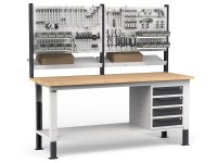 Banco da lavoro regolabile Fami WORK2031 200cm, piano in legno, 4 cassetti e parete forata
