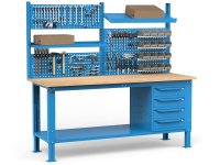 Banco da lavoro regolabile Fami WORK2037 200cm, piano in legno, 4 cassetti e parete forata
