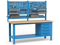 Banco da lavoro regolabile Fami WORK2037 200cm, piano in legno, 4 cassetti e parete forata