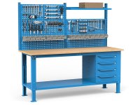 Banco da lavoro regolabile Fami WORK2037 200cm, piano in legno, 4 cassetti e parete forata