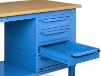 Banco da lavoro regolabile Fami WORK2037 200cm, piano in legno, 4 cassetti e parete forata