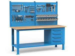Banco da lavoro regolabile Fami WORK2037 200cm, piano in legno, 4 cassetti e parete forata
