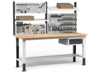 Banco da lavoro regolabile Fami WORK2030 200cm, piano in legno, cassetto e parete forata