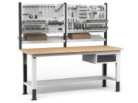 Banco da lavoro regolabile Fami WORK2030 200cm, piano in legno, cassetto e parete forata
