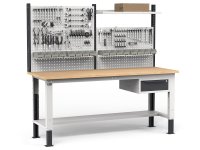 Banco da lavoro regolabile Fami WORK2030 200cm, piano in legno, cassetto e parete forata
