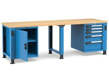 Banco da lavoro regolabile Fami Master 250cm blu con piano in legno, porta e 5 cassetti