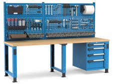 Banco da lavoro regolabile Fami Master 250cm blu con parete attrezzata e 4 cassetti