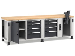 Banco da lavoro regolabile Fami Master 250cm grigio con 8 cassetti, armadio, morsa e 4 prese