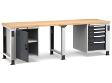 Banco da lavoro regolabile Fami Master 250cm grigio con piano in legno, porta e 5 cassetti