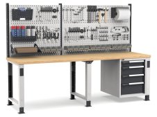 Banco da lavoro regolabile Fami Master 250cm grigio con parete attrezzata e 4 cassetti