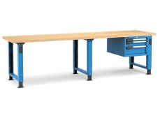 Banco da lavoro regolabile Fami Master 300cm blu con piano in legno e 3 cassetti